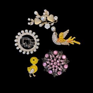 Lot of 5 Mixed Rhinestone Brooches Costume Pins